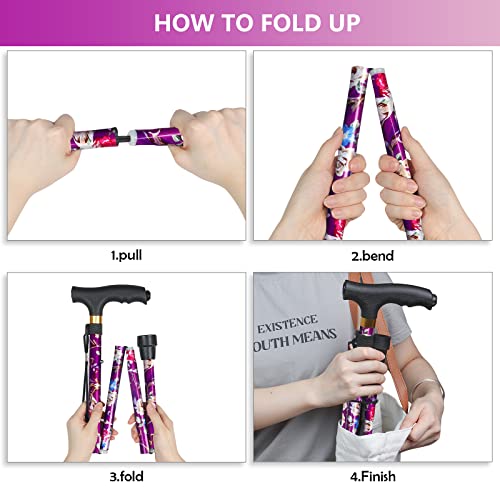 Junra Cane For Women With Led Light, Folding Walking Cane For Men And Seniors, Lightweight Collapsible Aluminium Cane, 5-Level Height Adjustable Walking Stick For Women(Purple Flowers) #TOP5