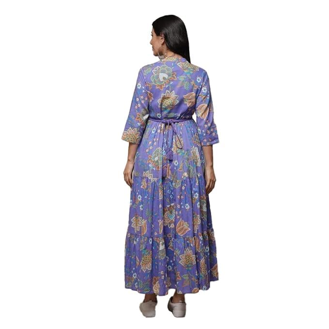 Image of Biba Women's Cotton 3 /4 Sleeves Calf Length Band Collar A-Line Floral Printed Casual Dress