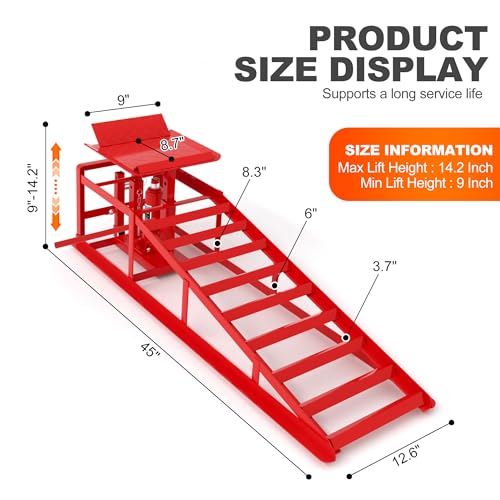 2 PCS Hydraulic Car Ramps with Wheels, 11065LBS 5T Heavy Duty Car Ramp with Hydraulic Jack, Portable Car Lifts for Oil Changes for Home Garage, 9"-14.2" Lifts, Red
