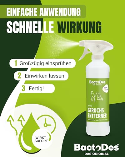 BactoDes - Animal Ready Geruchsneutralisierer Sprayflasche 500ml gebrauchsfertig - Starker Enzymreiniger Katzenurin, Hundeurin & Tiergerüche - Effektiver Geruchsentferner mit bio Mikroben-Wirkung