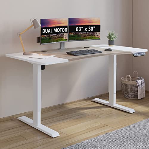 Bilbil Dual Motor Electric Standing Desk, 63 X 30 Inch Height Adjustable Sit Stand Table With Splice Board, Stand Up Home Office Desk, White Frame/Oak And White Top #TOP1