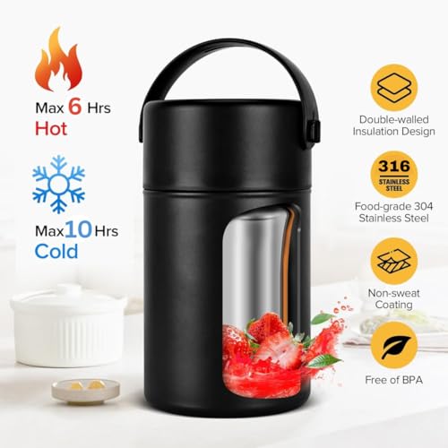 Image of YELONA Insulated Lunch Soup Pot with Folding Spoon & Lid Bowl | 316 Stainless Steel Double Vacuum Food Jar | Leakproof Hot & Cold Food Container for Office & Kids (Black)
