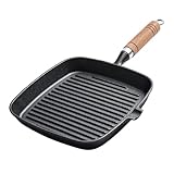RASTKY Grillpfanne, Gusseisen, Streifenmuster, Grillpfanne, Gleichmäßige Erwärmung, Antihaftbeschichtete Pfanne Zum Steakkochen, 8,7 Zoll, Holzgriff