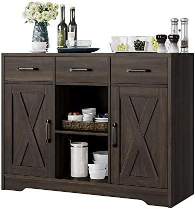 HOSTACK Modern Farmhouse Buffet Cabinet with Storage, Barn Doors Sideboard Buffet Storage Cabinet with Drawers and Shelves, Wood Coffee Bar Cabinet for Kitchen, Dining Room, Living Room, Dark Brown