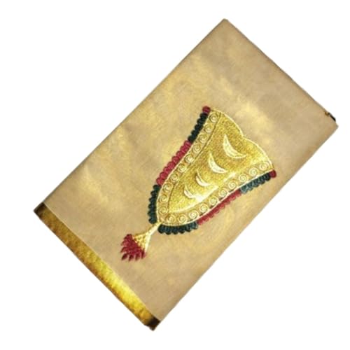 Image of Women's Kerala Kasavu Golden Gold Tissue Saree with Running Blouse Piece | Kerala Onam Saree with Tissue Mural Painted (Saree 5.5 meter, Blouse Piece 0.8 meter)