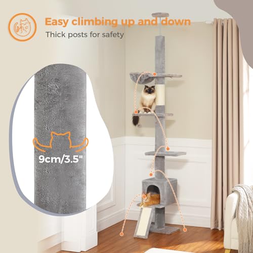 PAWZ Road Kaktus-Katzenbaum, vom Boden bis zur Decke verstellbar, höhenverstellbar von 216 cm bis 273 cm, Katzenturm mit geräumigem Aktivitätsraum mit Hängematte und einer Katzenhütte, Anti-Sturzgurt, – Bild 7