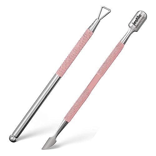 Image of Jestilo Stainless Steel Cuticle Pusher and Nail Scraper (2 pack) – Dual Head UV Gel Polish Remover Tool, Cuticle Stick & Trimmer for Gel Nails, Fingernails & Toenails, Nail Care Kit (Pink)