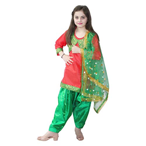 Image of Kaku Fancy Dresses Indian State Punjabi Folk Dance Costume For Kids | Baisakhi /Lohri Festival Dance Costume | Salwar Suit With Dupatta For Girl Costume - Red & Green, 3-4 Years