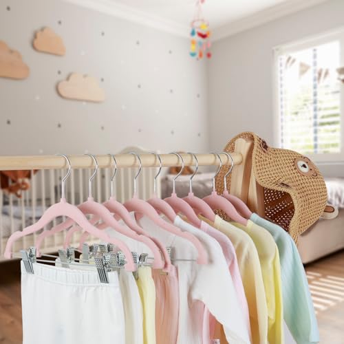 Miniatura 8 de Mangokit Perchas Para Pantalones Infantiles De 30 Cm, Paquete De 16 Perchas De Terciopelo Con Clips Ajustables, Perchas Antideslizantes Para Ropa Y Faldas Para Niños Rosa