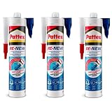 Pattex RE-NEW in Kartusche, Sanitär-Silikon für Badezimmer und Küche, wasserdichtes Dichtungsmittel, Mulitifunktionsspritze, schimmelresistent, hoher Ertrag bis zu 20m, grau, 3x280ml Kartusche