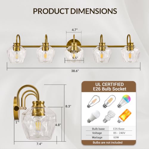 ANDY STAR Brushed Gold Vanity Light, 5 Light Bathroom Light Fixtures with Clear Diamond-Shape Hammered Glass, Brass Vintage Ripple Wall Lights for Hallway, Bedroom, Anti-Rust, E26 Base (No Bulbs) by ANDY STAR - Used condition - Image 6