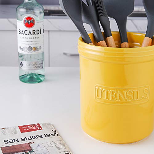 Koov Cooking Utensil Holder, Large Ceramic Utensil Crock, Deep And Stable, Utensil Caddy For Countertop Letter Series (Yellow) #TOP6