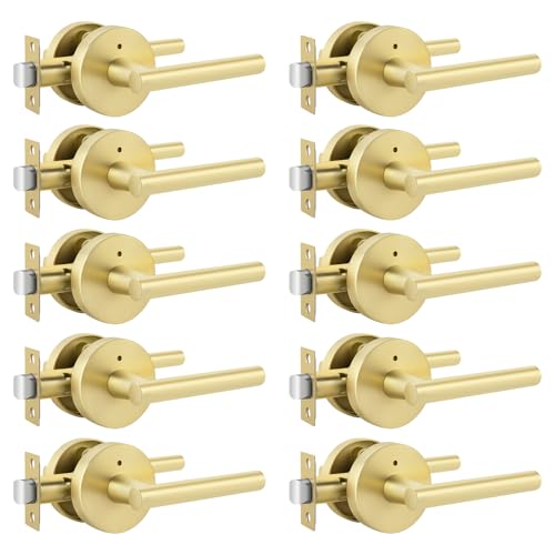 Goldenwarm Gold Interior Door Handles, Brushed Gold Privacy Lever Door Handle, Heavy Duty Interior Bedroom Door Lever Pack (10 Pack)