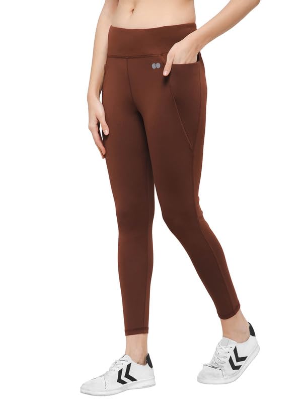 Image of Clovia Women's Snug-Fit High-Rise 4 Pocket Active Tights in Brown