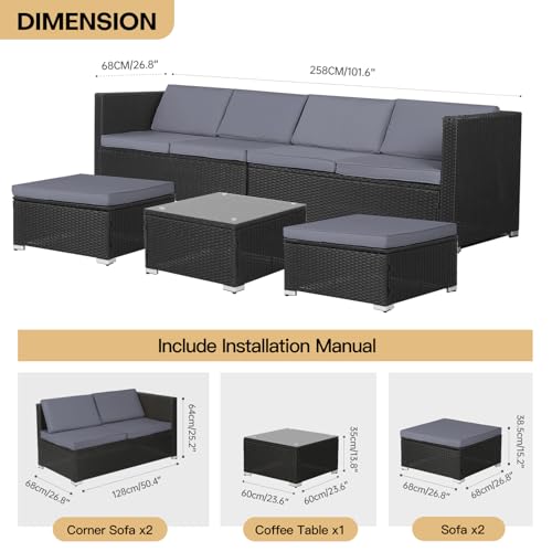 Panana 6 Seater Rattan Garden Furniture Set, Wicker Patio Lounge Sofas with Table Stools Sectional Modular Combination for Conservatory Outdoor Balcony (Black Rattan with Grey Cushions) 6 Panana 6 Seater Rattan Garden Furniture Set, Wicker Patio Lounge Sofas with Table Stools Sectional Modular Combination for Conservatory Outdoor Balcony (Black Rattan with Grey Cushions) - Image 6