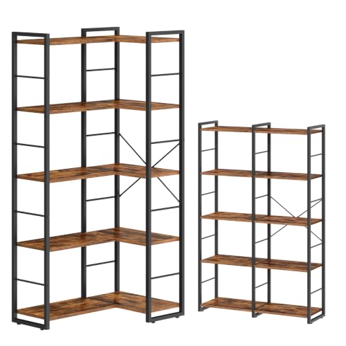 Image of HOOBRO 5-Tier Corner Bookshelf, L-Shaped Industrial Bookcase, Display Shelf | Assembles in an L-shaped or straight configuration, with raised side rails and an anti-tip kit for the living room, study