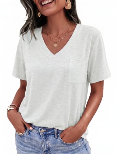 imesrun Womens V Neck Tshirts Short Sleeve Loose Casual Summer Tops with Pokcet White XLarge