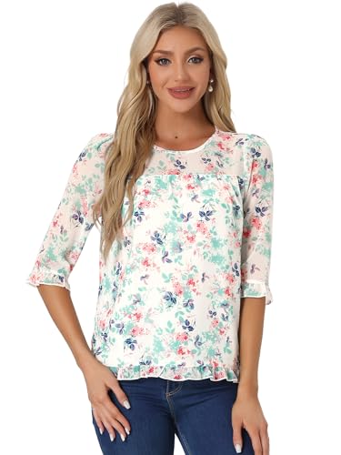 Allegra K Women's Casual Ruffle 3/4 Sleeve Floral Print Chiffon Blouse X-Large White Blue by Allegra K - Used condition - Image 2