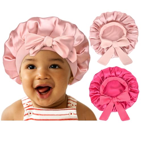 Image of YANIBEST 2 PCS Baby Bonnet Silk Satin Bonnet for Kids Sleeping Cap Curly Natural Hair Silk Bonnets for Girls Boys Infant
