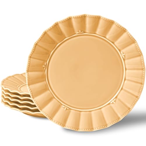 HOMBENE Dinner Dinner Plates 10.5 Inches Set for 6, Ceramic Plates, Salad Serving Plates, Wavy Style, Microwave & Dishwasher Safe Plates for Cake Waffles Snacks (Amber Orange)