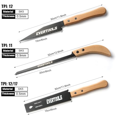 Evertools Japanese Hand Saw Set, 3-Piece Pull Saw with 6" Ryoba, 6" Flush Cut & 8" Pruning Blade, SK5 Steel for Woodworking, Trim, Wood Cutting