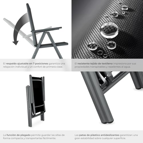 tectake® Conjunto de 4 Sillas Jardín Exterior de Aluminio, con Respaldo Regulable, Conjunto Sillas Terraza Resistentes a la Intemperie, Malla Transpirable, Fácil Limpieza - Antracita - imagen 7