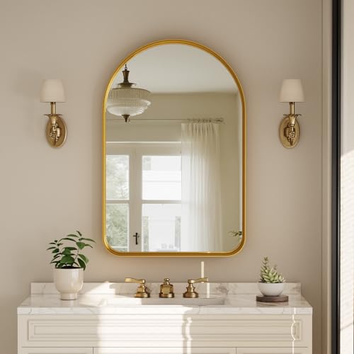 Arched Bathroom Mirror - 36x24 Inch Gold Bathroom Mirror for Wall - Aluminum Alloy Framed Mirror - Arched Top Bathroom Vanity Mirror for Living Room, Bedroom, Mantel, Entryway, and Hallways by Easly - Image 3