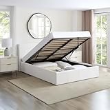 Direct Furniture Suppliers LUNA - UK 4FT6 Double Gas Lift Up Ottoman Storage Faux Leather Space Saving Bedframe (H:88.5cm x W: 153cm x L: 203cm) (White)