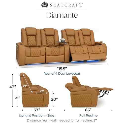 Image of Seatcraft Diamante Tan Oak Italian Leather Home Theater Seating, Zero Gravity Power Recliner Gaming and Home Office Chair Powered Headrest Lounge Sofa Furniture for Cinema Room Row of 4 Dual Loveseats