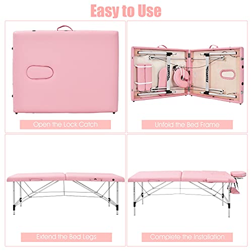 Giantex Portable Massage Table 84Inch, Folding Lash Bed Aluminium Frame, Height Adjustable, 2 Fold Professional Facial Salon Tattoo Massage Bed Face Cradle Armrests Headrest Carrying Bag (Pink) #TOP6