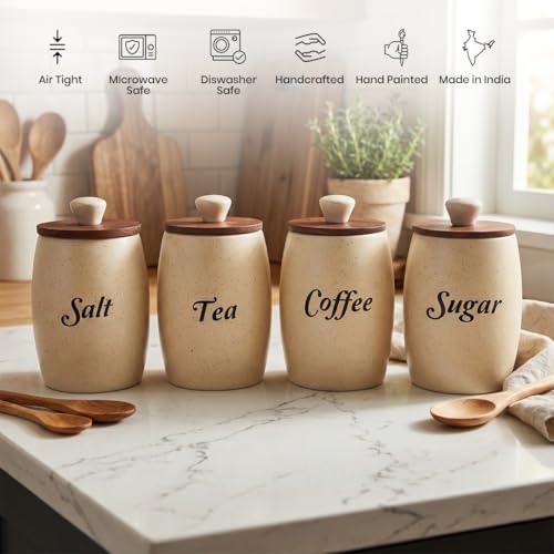 Image of Ceramic Tea Coffee Sugar Salt Containers Set of 4 with Wooden Lids | Jar & Container for Kitchen Storage Set | Multi Utility Air Tight Kitchen Organizer Items (Hand-Painted, 400 ML)