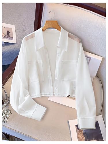 SweatyRocks Women's See Through Long Sleeve Button Down Blouse Shirt Tops with Pocket3