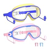 YLKJSWIM Swim Goggles for Kids 3-15 with Earplugs Large Frame Anti-Fog/UV No Leaking Pool Water Swimming Goggles for Boys Girls Youth Toddler (2pcs)