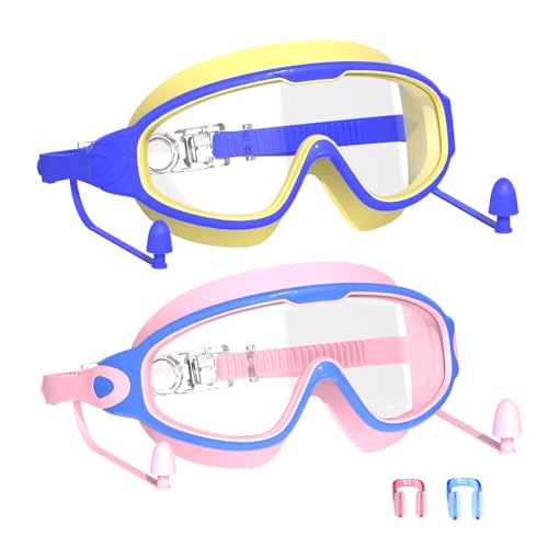 YLKJSWIM Swim Goggles for Kids 3-15 with Earplugs Large Frame Anti-Fog/UV No Leaking Pool Water Swimming Goggles for Boys Girls Youth Toddler (2pcs)