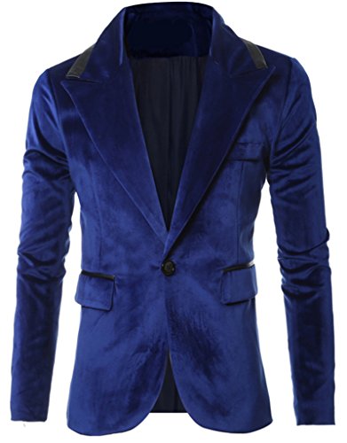 REYUY Mens Slim Fit Notched Lapel 1 Button Velvet Suit Jacket Blue, US M-Label XXL