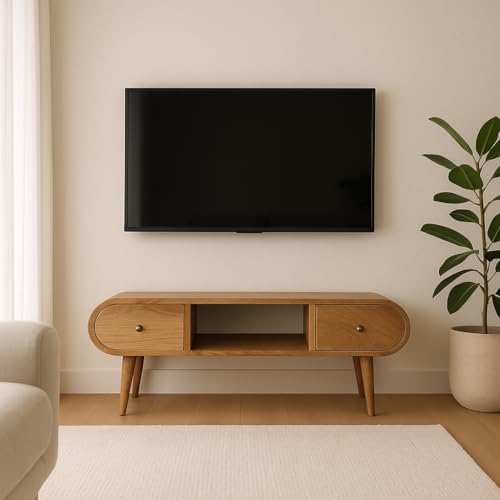 Solid Wood Oak ish Circular TV Unit, 2 Drawers, 1 Open Slot, Legs, Light Brown