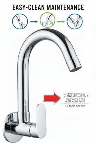 Image of Premium Wall Mounted Kitchen Sink Tap with Water Saving Aerator, Brass Body, Chrome Finish Swan Neck Faucet, Single Lever Water Tap, Rust & Corrosion Resistant for Kitchen Sink, Wash Basin
