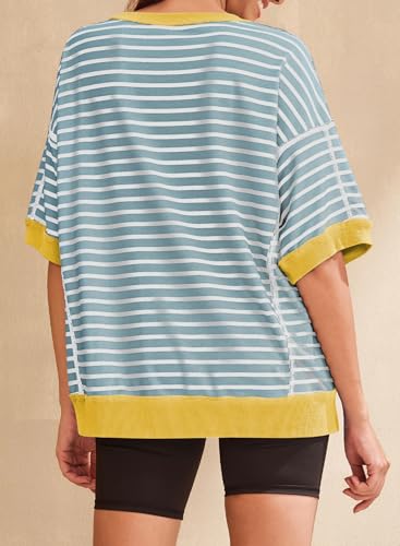 Image of SHEWIN Womens Tops Casual Short Sleeve Sweatshirt Crewneck Striped Shirt Pullover T Shirts Loose Blouses