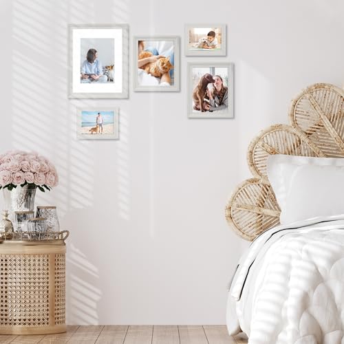 Image of iRahmen 5x7 Picture Frame Set of 4, Cream Rustic Retro Photo Frame with Real Glass, 5 x 7 Picture Frames for Wall Mount and Tabletop Display