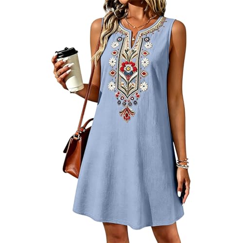 Generisch Vestido bohemio de verano con bordados sin mangas de longitud midi con corte holgado para mujer, azul celeste, M