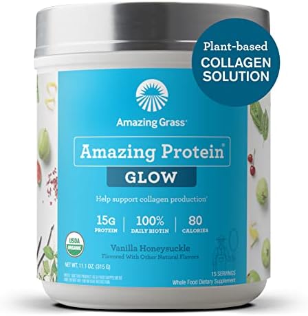Amazing Grass GLOW Vegan Collagen Support with Biotin and Plant Based Protein Powder, Vanilla Honeysuckle, 15 Servings