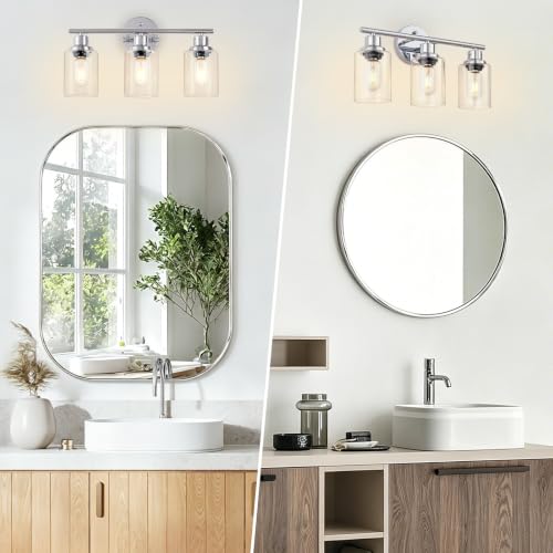Image of 3-Light Bathroom Light Fixtures, Modern Chrome Vanity Lights for Bathroom with Clear Glass Shade, Wall Lamps for Mirror Hallway Kitchen Cabinet Living Room Sconces Lights