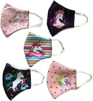 Avdip Kids Cotton Anti-pollution, Anti-virus and Anti-bacterial Printed Protective Reusable Designer Unicorn Face Mask without Valve - Multicolour - Pack of 5