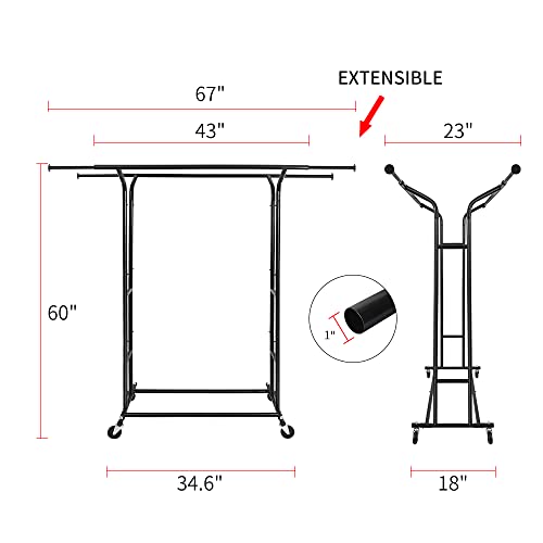 Fishat Black 60" H Heavy Duty Double Rod Rolling Clothes Garment Rack by Fishat - Used condition - Image 3