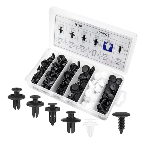 100PCS Bumper Retainer Clips Car Body Trim Clips Set, 6 Sizes Universal Plastic Rivets Fasteners Push Type Retainer Kit, Push-in Screws Fenders Panel Clips Car Accessories with Storage Box