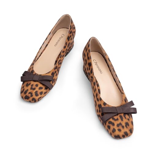 Image of C.Paravano Women's Pumps | Luxury Leather Pumps | 1.5 Inch Chunky Block Heel & Square Toe | Fabric Bow