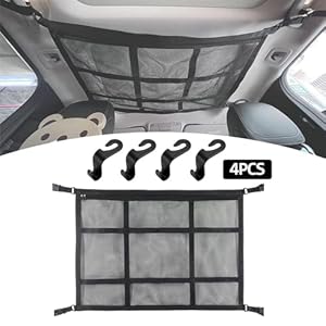 TANZEDMI Car Ceiling Cargo Net Pocket,30.8″ x20.8″ Interior Adjustable Double-Layer Mesh SUV Car Roof Storage Organizer,Adjustable Strap SUV Storage Net for Putting Quilt Toys Sundrie with 4 hooks