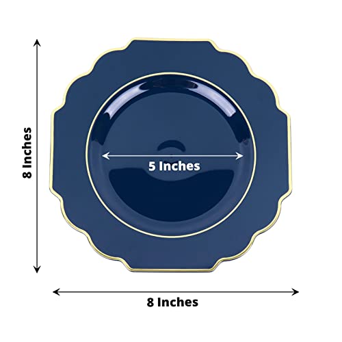 Efavormart 10 Pack | 8" Navy Blue Hard Plastic Dessert Appetizer Plates, Disposable Tableware, Baroque Heavy Duty Salad Plates With Gold Rim #TOP2