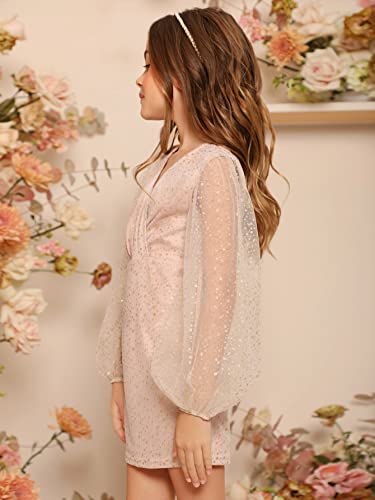 Makemechic Girl's Party Dress Mesh Lantern Sleeve Wrap V Neck Glitter Short Dress Light Pink 9Y #TOP2