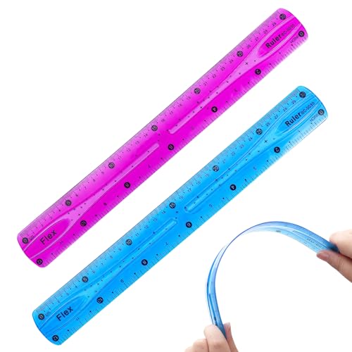 2 Pieces Flexible Ruler, Bendable Ruler 30Cm, Transparent Plastic Colorful Soft Rulers Shatterproof Bendable, Straight Rulers Plastic Measuring Tool For Student School Office (Purple+Blue)